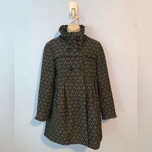 Steve Madden wool funnel neck gray black ruffle pea coat size large knit damask